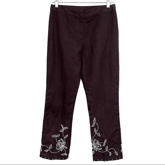 French Connection Beaded Ramie Straight Leg Pants Brown Size 4 - Picture 1 of 8